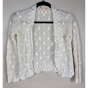Vintage Handmade Crochet Mesh Cardigan Ivory Floral Open Knit Boho Cottagecore‎